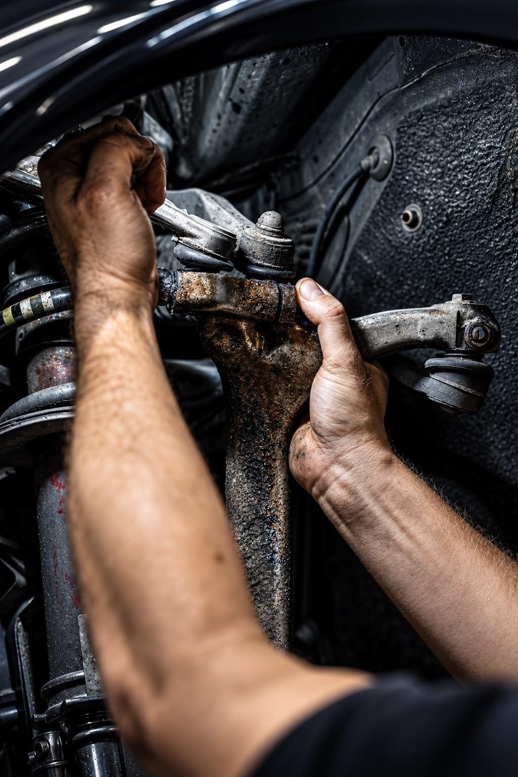 Mechaniker arbeitet bei der Inspektion unter einem Auto